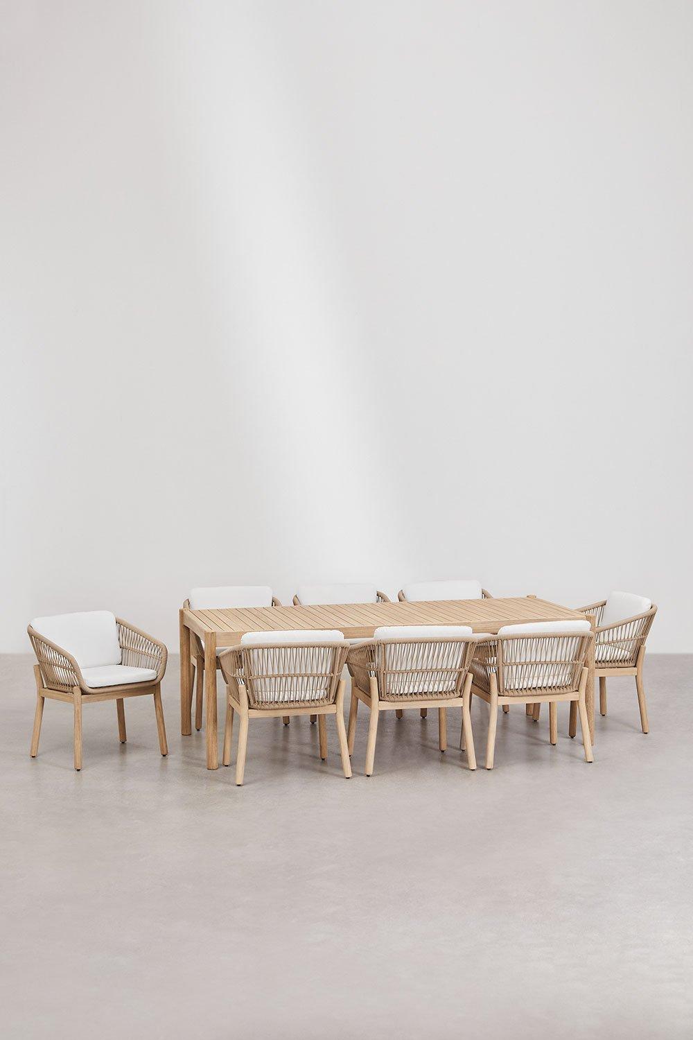 Sklum Ensemble Table Rectangulaire 220x100 Cm Et 8 Chaises De Jardin En Bois D'acacia Et Corde Tressée Karvia