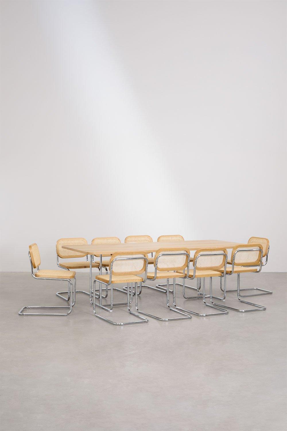 Sklum Ensemble Table Rectangulaire 240x100 Cm En MDF Et Acier Inoxydable Et 10 Chaises De Salle à Manger En Rotin Tento