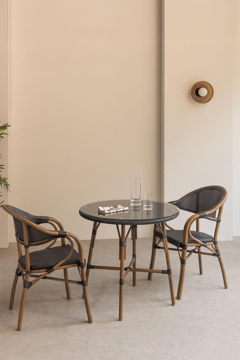 sklum Ensemble table ronde Brielle Bistro Classic Ø80 cm et 2 chaises avec accoudoirs en textilène et aluminium Brielle Bistro Classic
