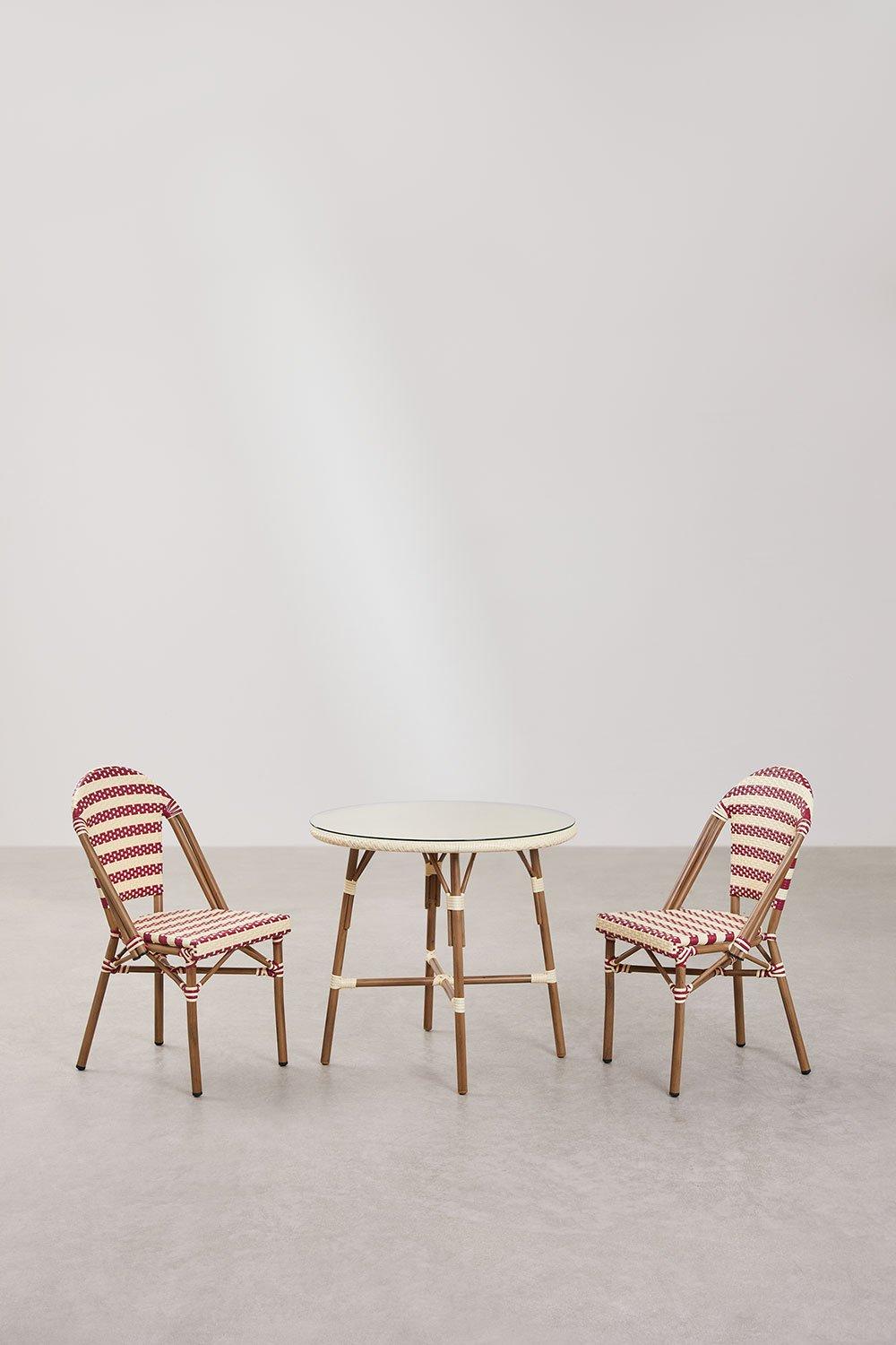 Sklum Ensemble Table Ronde Brielle Bistro Ø80 Cm Et 2 Chaises De Jardin Empilables En Rotin Synthétique Et Aluminium Solange Bistro