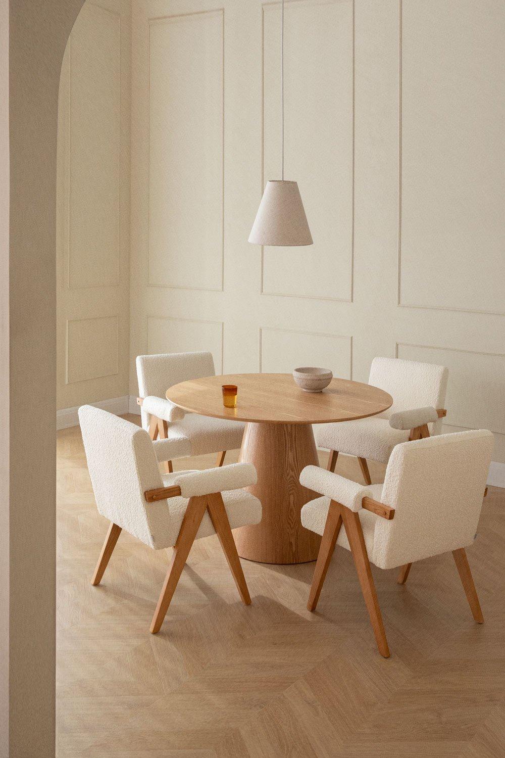 sklum Ensemble table ronde Ø120 cm en placage de frêne Aura et 4 chaises de salle à manger en bois et tissu bouclé Lucca