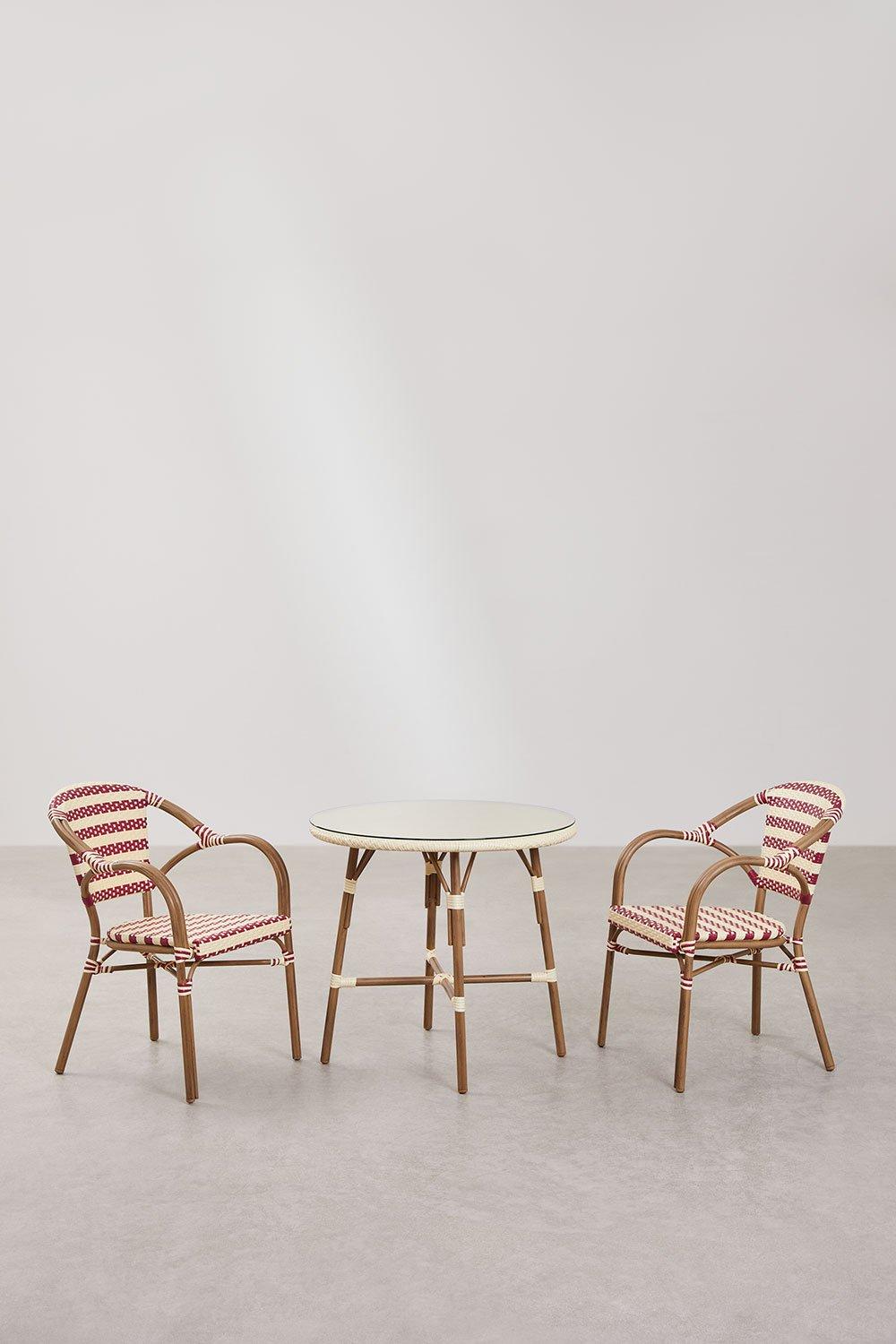 Sklum Ensemble Table Ronde Ø80 Cm Brielle Bistro Et 2 Chaises Avec Accoudoirs En Rotin Synthétique Et Aluminium Solange Bistro