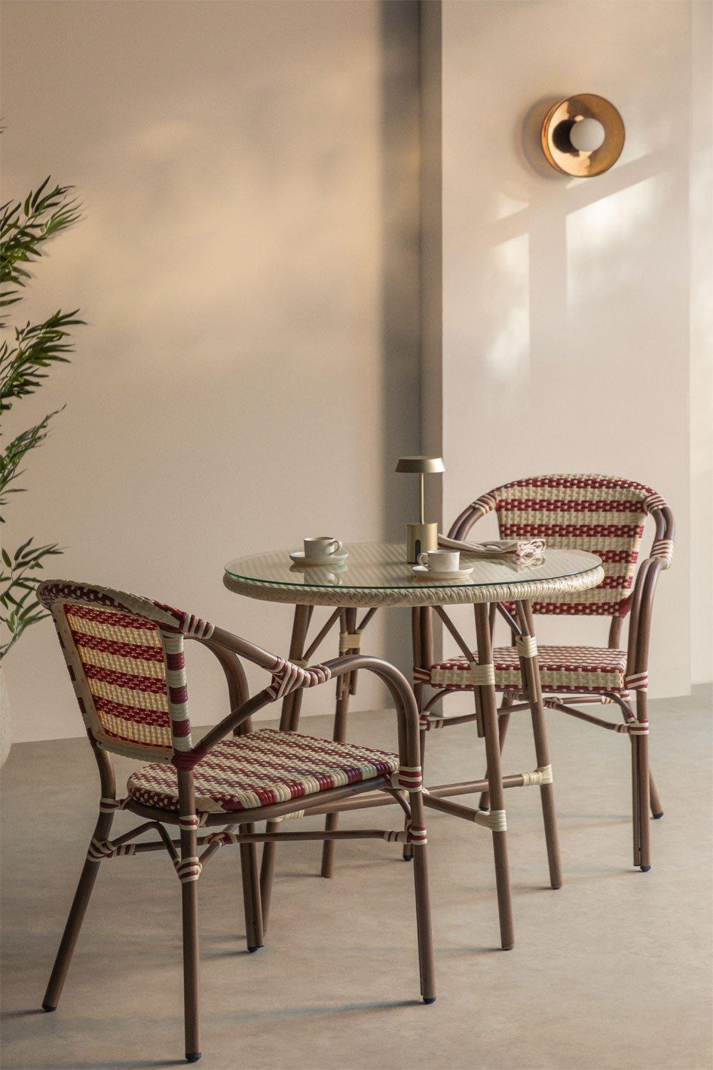 sklum Ensemble table ronde Ø80 cm Brielle Bistro et 2 chaises avec accoudoirs en rotin synthétique et aluminium Solange Bistro