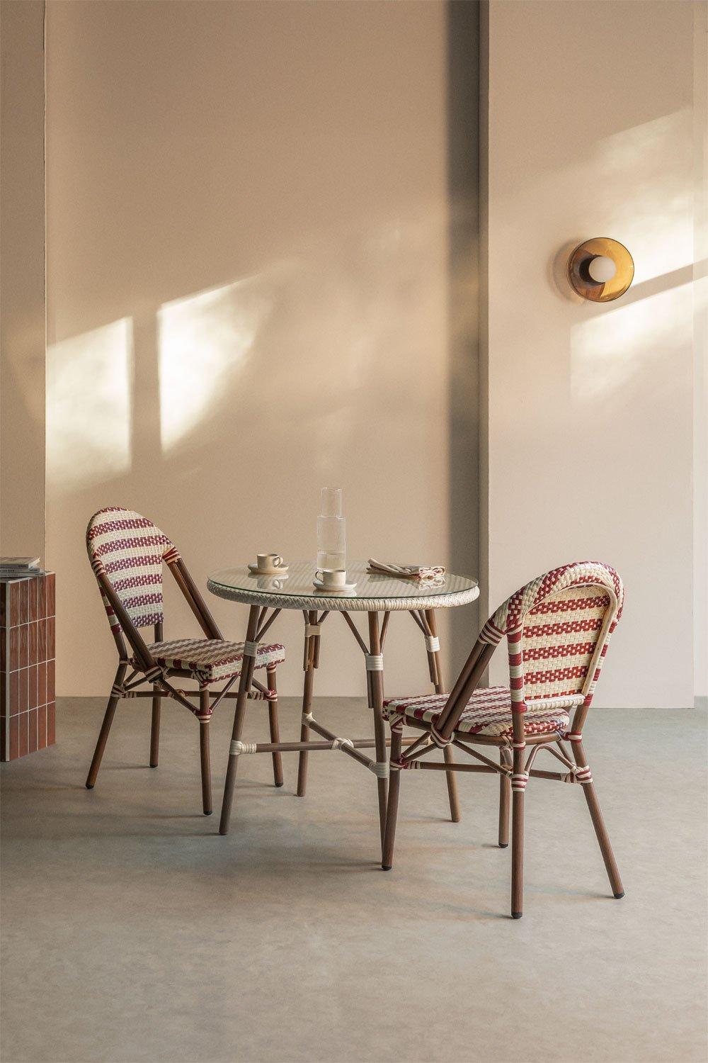 sklum Ensemble table ronde Ø80 cm Brielle Bistro et 2 chaises empilables en rotin synthétique et aluminium Solange Bistro