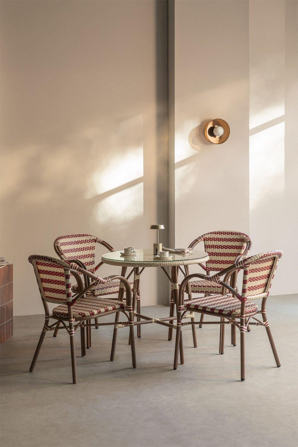 sklum Ensemble table ronde Ø80 cm Brielle Bistro et 4 chaises avec accoudoirs en rotin synthétique et aluminium Solange Bistro