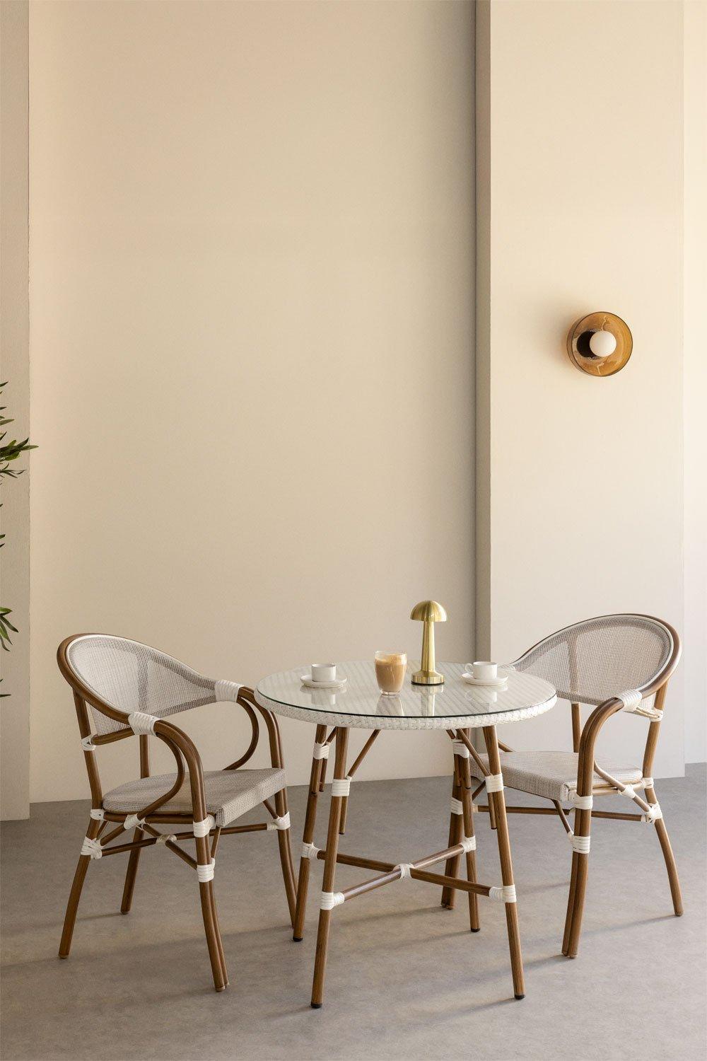 sklum Ensemble table ronde Ø80 cm et 2 chaises empilables avec accoudoirs en textilène et aluminium Brielle Bistro