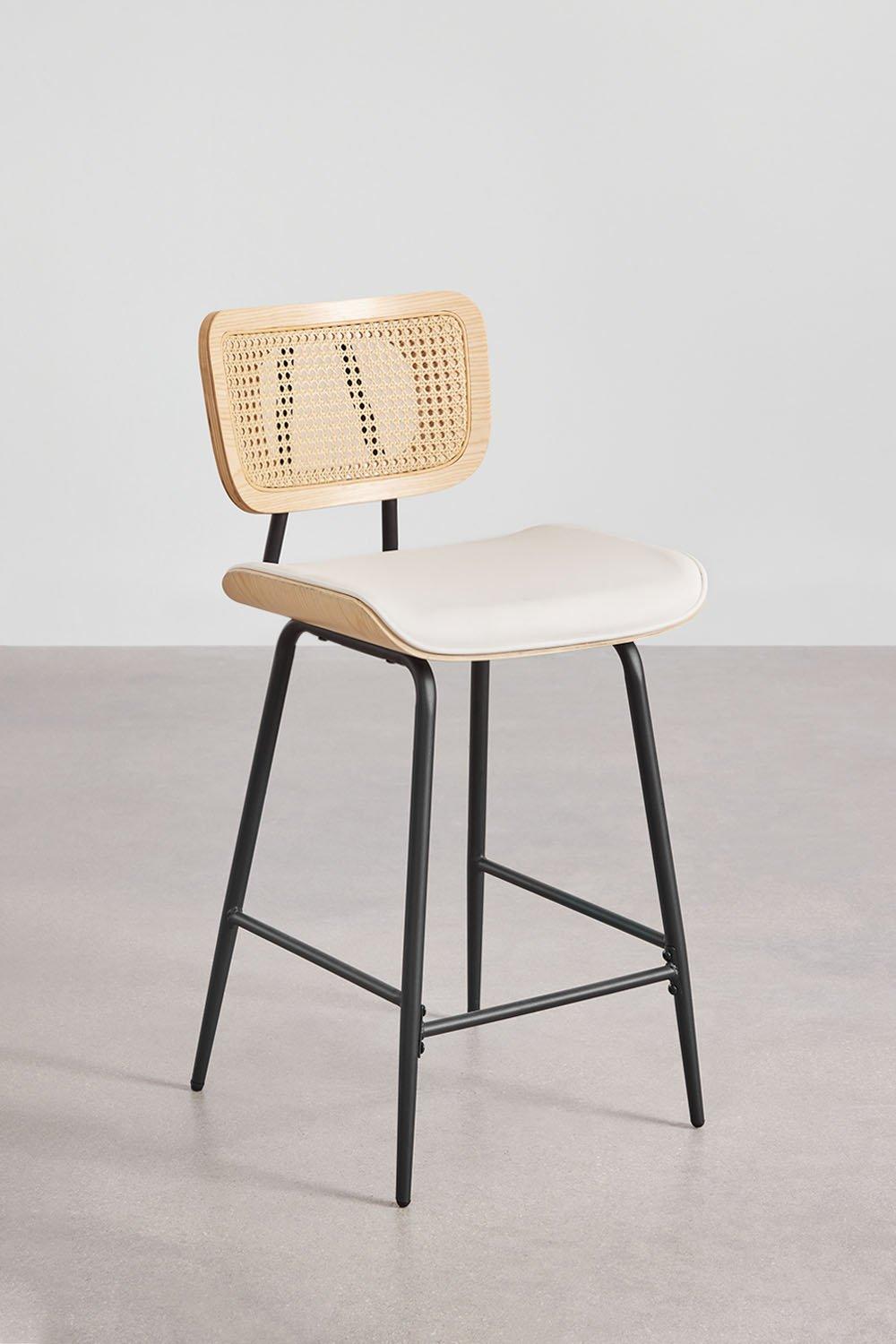 Sklum High Stool 65cm Wooden Rattan And White Leather Raysa