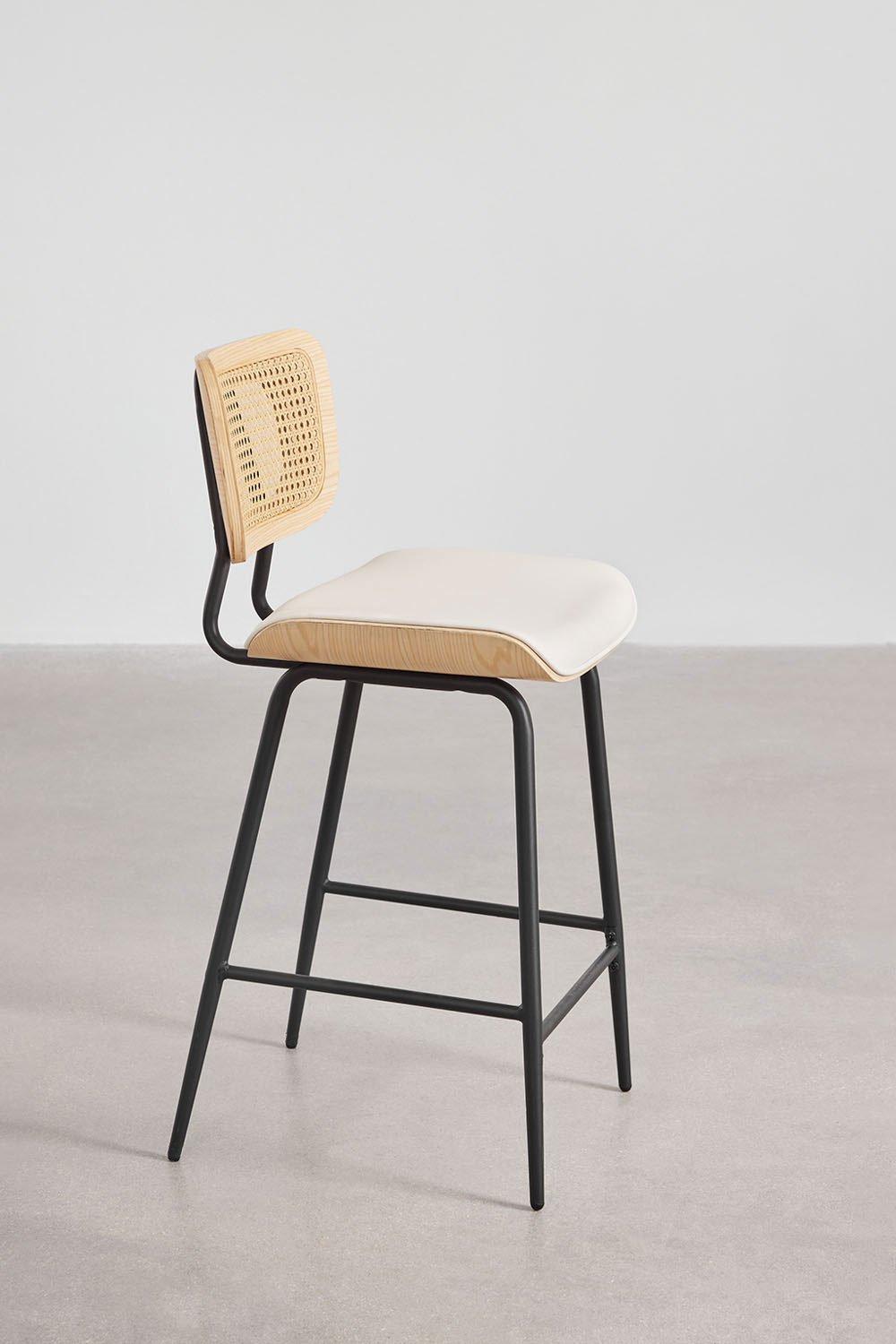 Sklum High Stool 65cm Wooden Rattan And White Leather Raysa