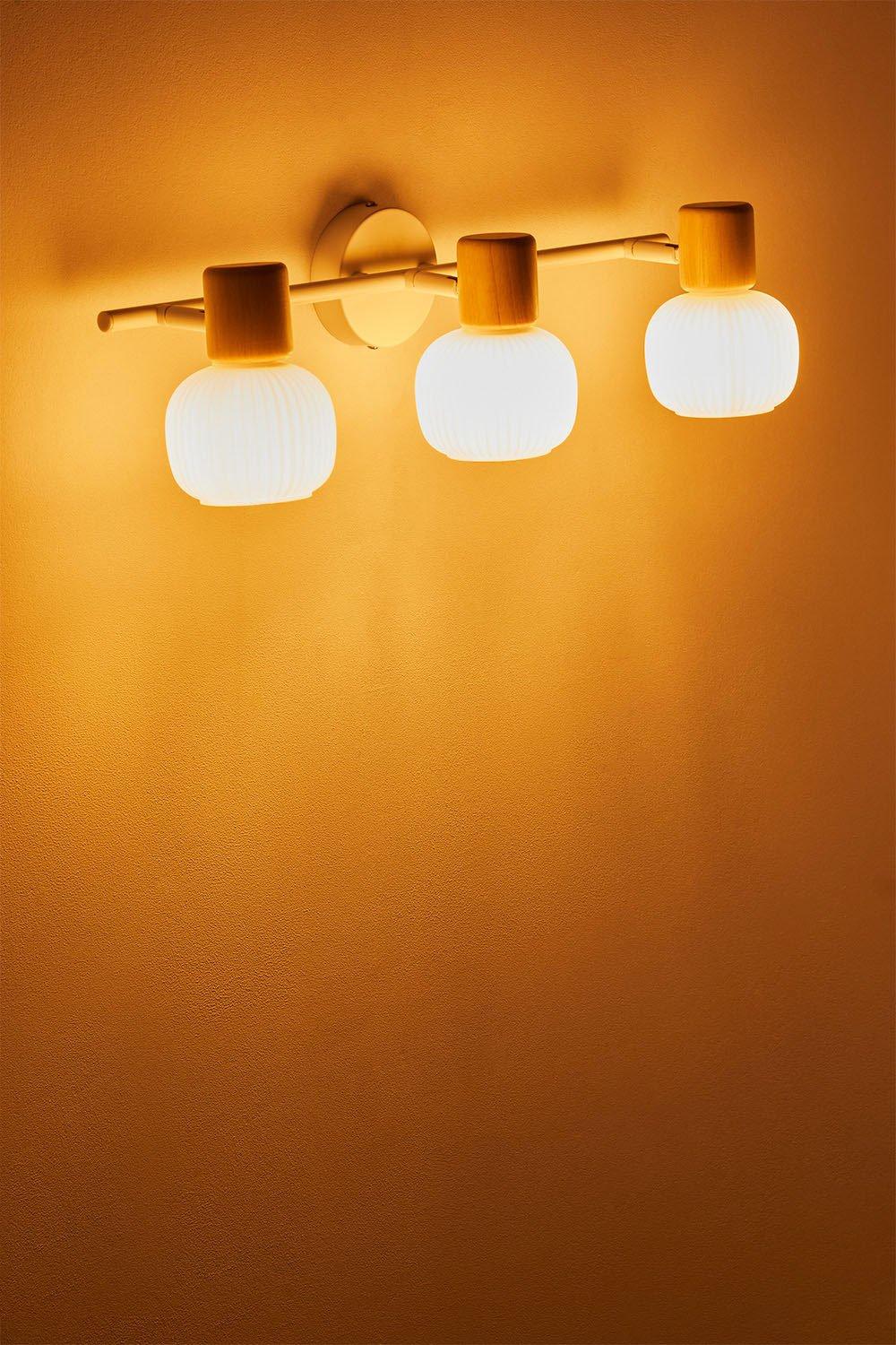 Sklum Lámpara De Pared Con 3 Puntos De Luz En Hierro Madera De Caucho Y Cristal Ekaizy
