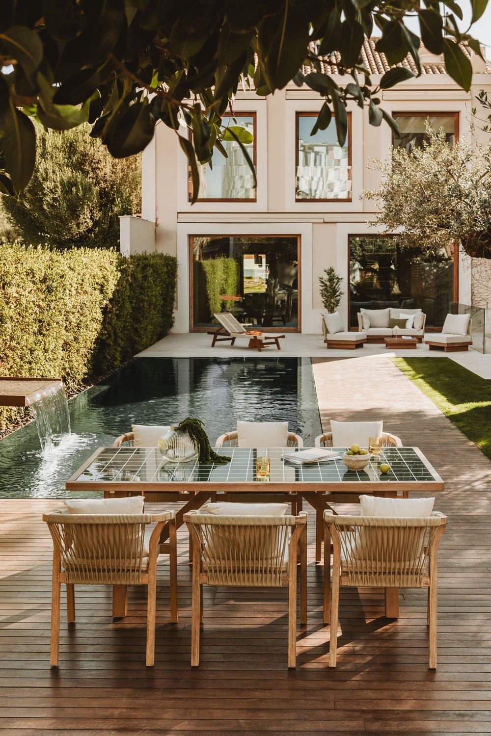 sklum Rectangular garden table 200x100 cm acacia wood and Dubai tiles