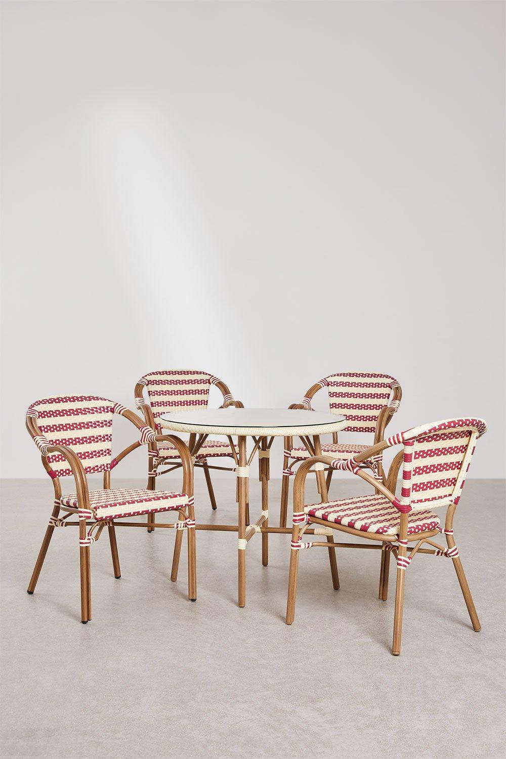 Sklum Ronde Tafelset Ø80 Cm Brielle Bistro En 4 Tuinstoelen Met Armleuningen In Synthetisch Riet En Aluminium Solange Bistro