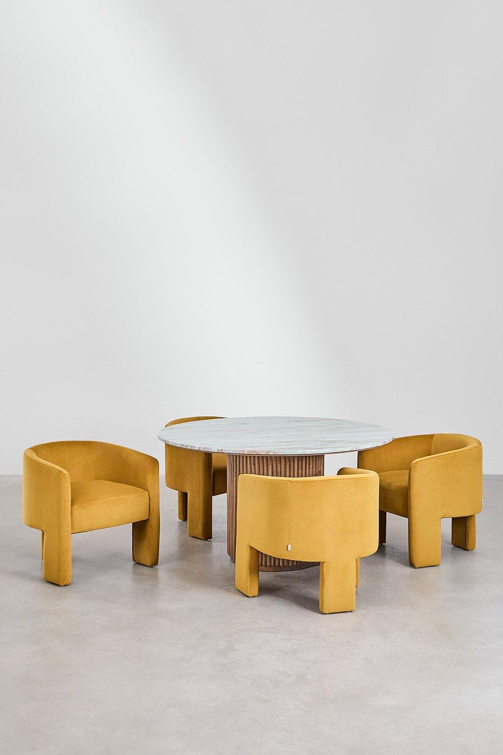 Sklum Runder Tisch Aus Marmor Und Mangoholz (Ø120 Cm) Giselda Und 4 Esszimmerstühle Aus Xastru-Samt