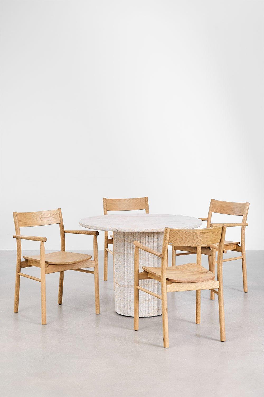 Sklum Runder Velia-Tisch Aus Zement In Travertin-Optik (Ø 100 Cm) Und 4 Mara Signature-Esszimmerstühle Aus Eichenholz