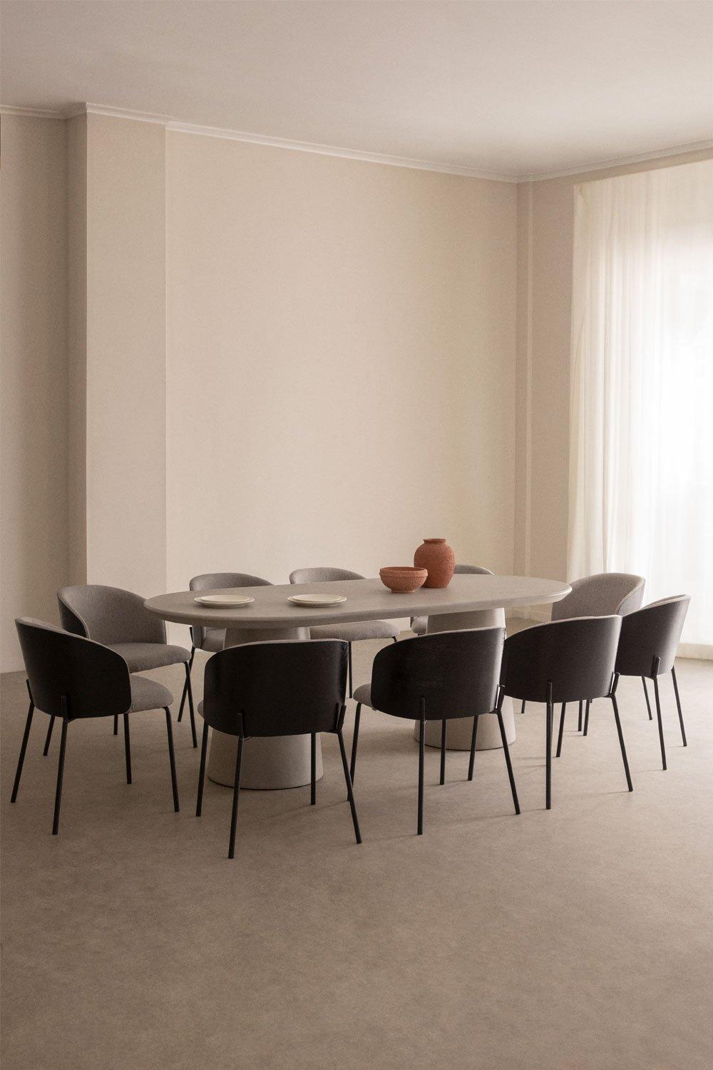 sklum Set aus ovalem Noemi-Zementtisch 220 x 95 cm und 10 gepolsterten Amieva-Esszimmerstühlen aus Holz