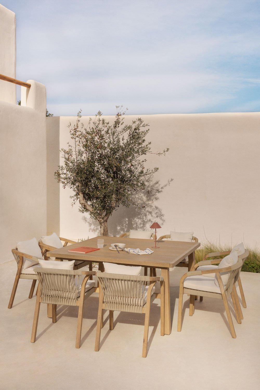 sklum Set de mesa cuadrada 150x150 cm y 8 sillas de jardín con reposabrazos en madera de acacia Dubai