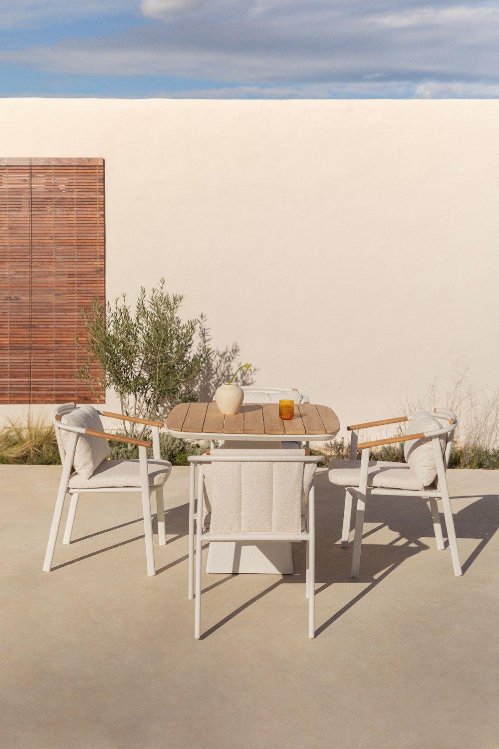 sklum Set de mesa cuadrada 90x90 cm en aluminio y madera de teca Inkeri y 4 sillas de jardín en aluminio y tela bouclé Yervin