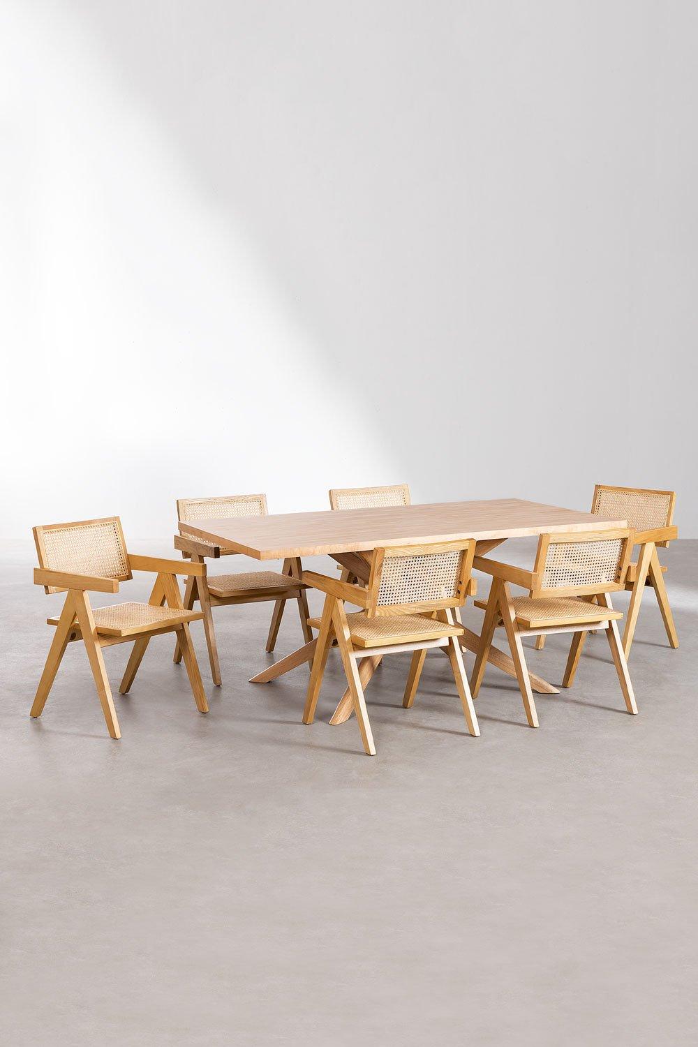 Sklum Set De Mesa De Comedor Rectangular (180x90 Cm) Arnaiz Y 6 Sillas Con Reposabrazos En Madera De Fresno Y Ratán Lali Style