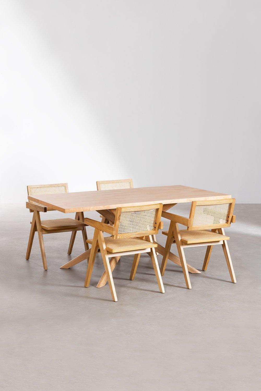 Sklum Set De Mesa De Comedor Rectangular (180x90 Cm) Arnaiz Y 4 Sillas Con Reposabrazos En Madera De Fresno Y Ratán Lali Style