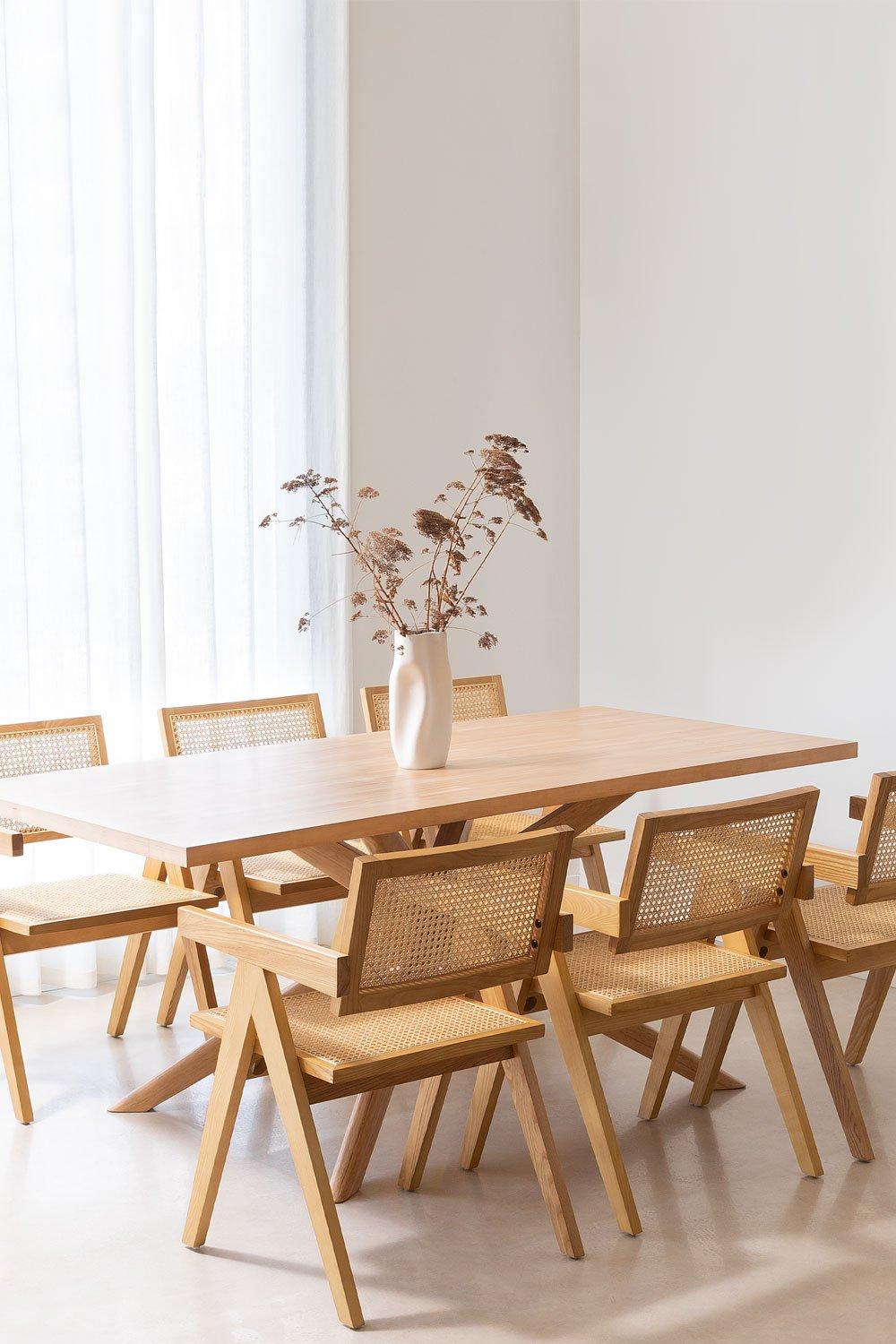 sklum Set de Mesa de Comedor Rectangular (180x90 cm) Arnaiz Y 6 Sillas con Reposabrazos en Madera de Fresno y Ratán Lali Style