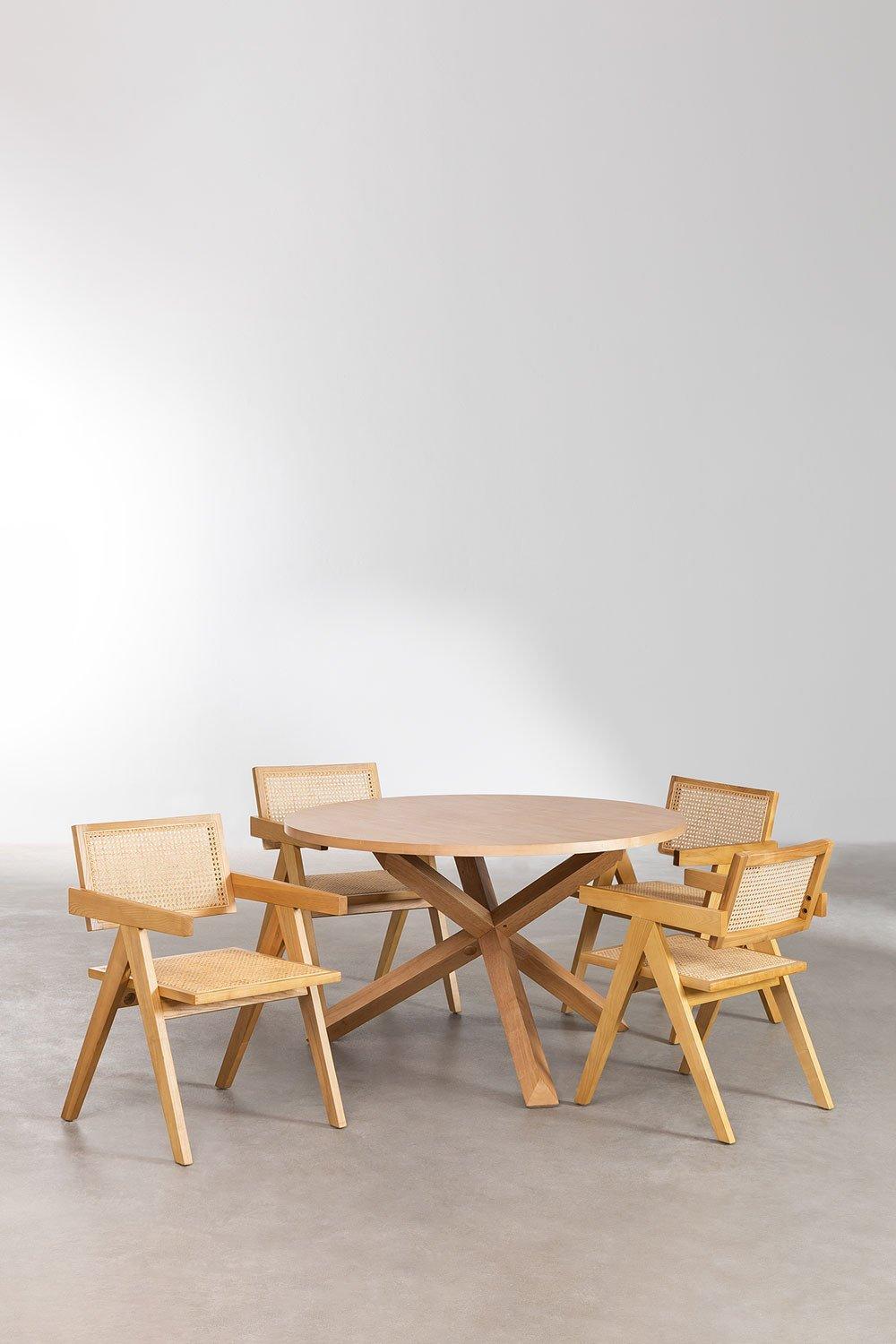 Sklum Set De Mesa De Comedor Redonda (Ø120 Cm) Mieren Y 4 Sillas Con Reposabrazos En Madera De Fresno Y Ratán Lali Style