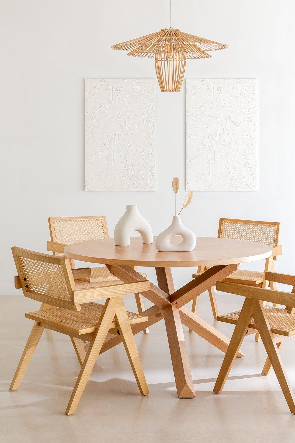 sklum Set de Mesa de Comedor Redonda (Ø120 cm) Mieren y 4 Sillas con Reposabrazos en Madera de Fresno y Ratán Lali Style
