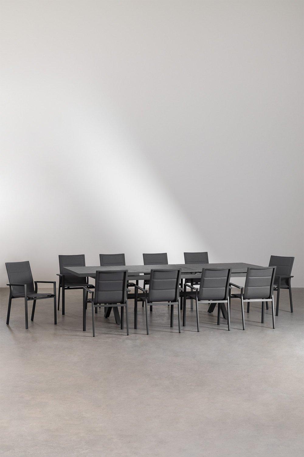 Sklum Set De Mesa Extensible Rectangular 240-300x100 Cm Y 10 Sillas De Jardín Apilables Con Reposabrazos En Aluminio Karena