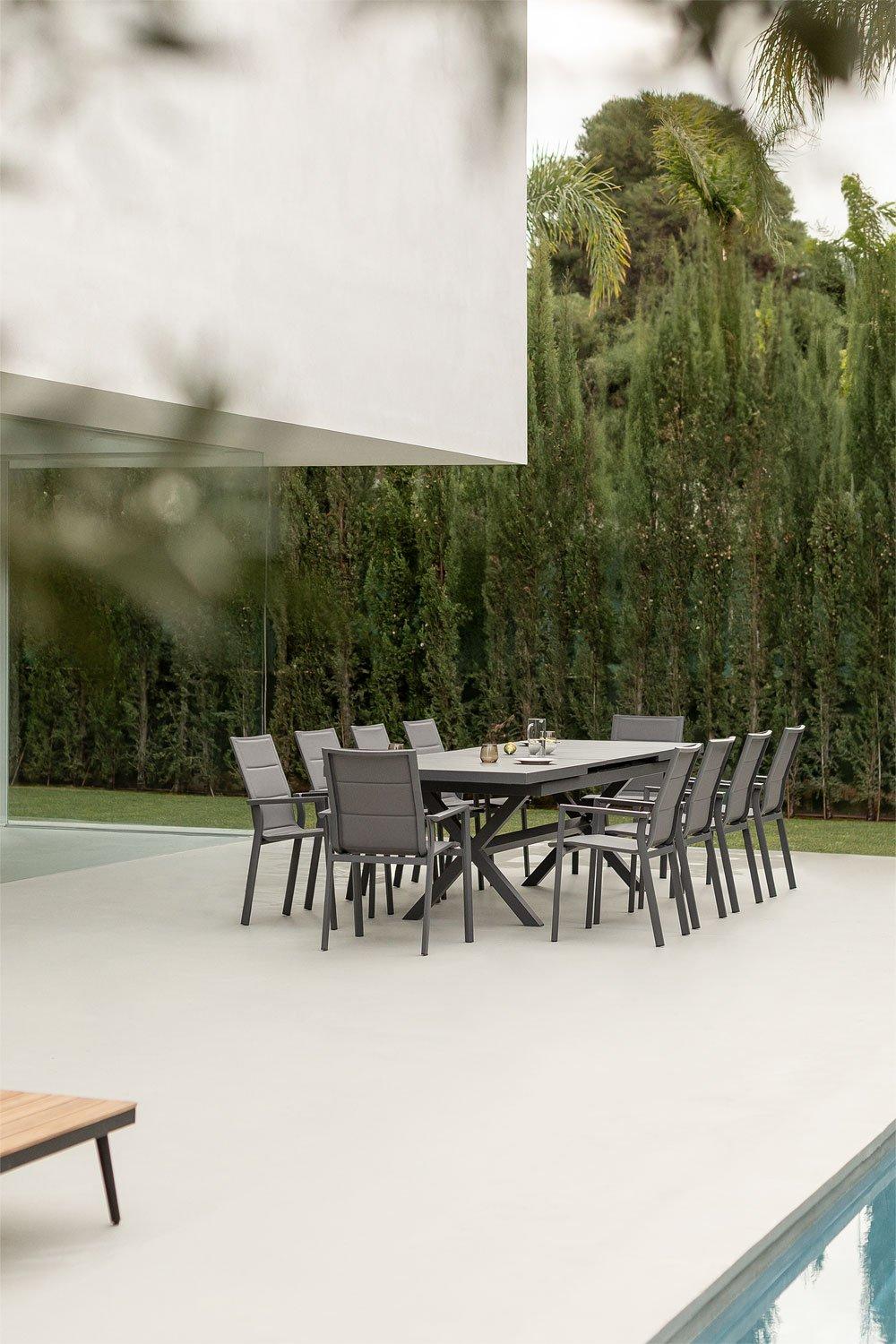 sklum Set de mesa extensible rectangular 240-300x100 cm y 10 sillas de jardín apilables con reposabrazos en aluminio Karena