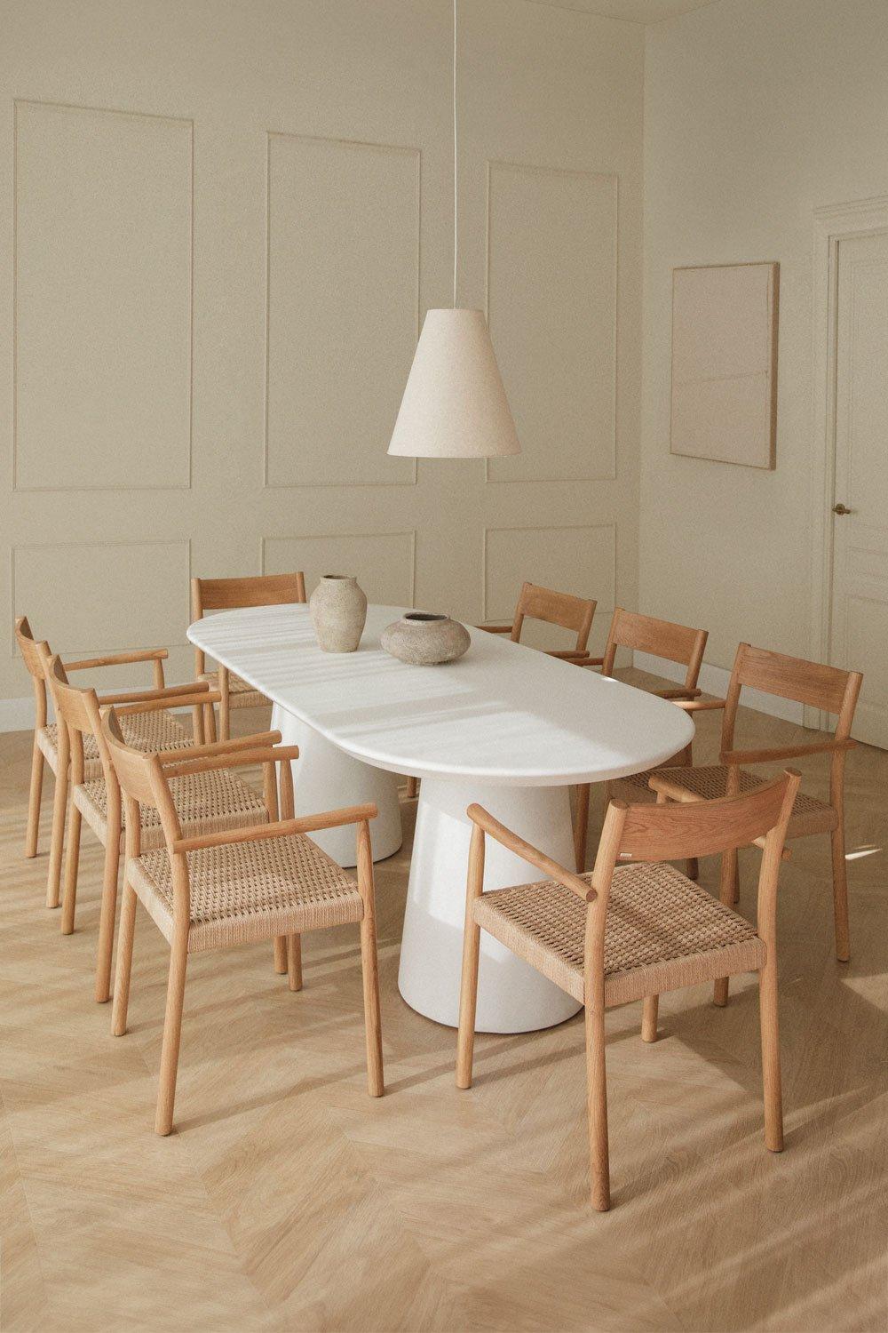 sklum Set de mesa ovalada en cemento (220x95 cm) Noemi y 8 sillas de comedor en madera de roble y cuerda trenzada Mara