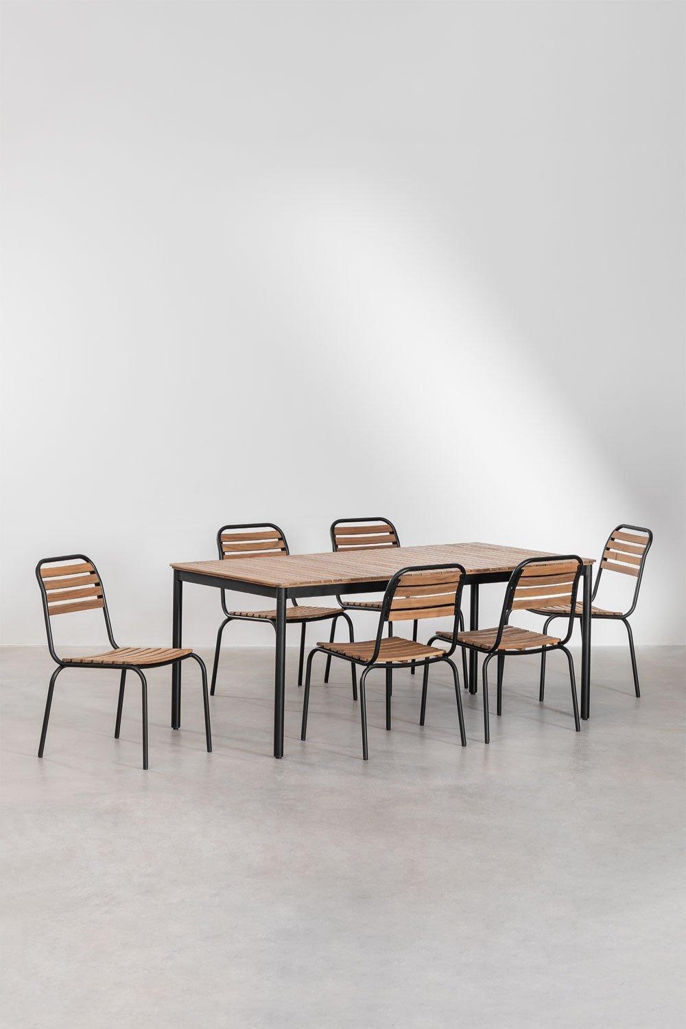 Sklum Set De Mesa Rectangular 160x90 Cm Y 6 Sillas De Comedor Apilables En Acero Y Madera De Acacia Artus