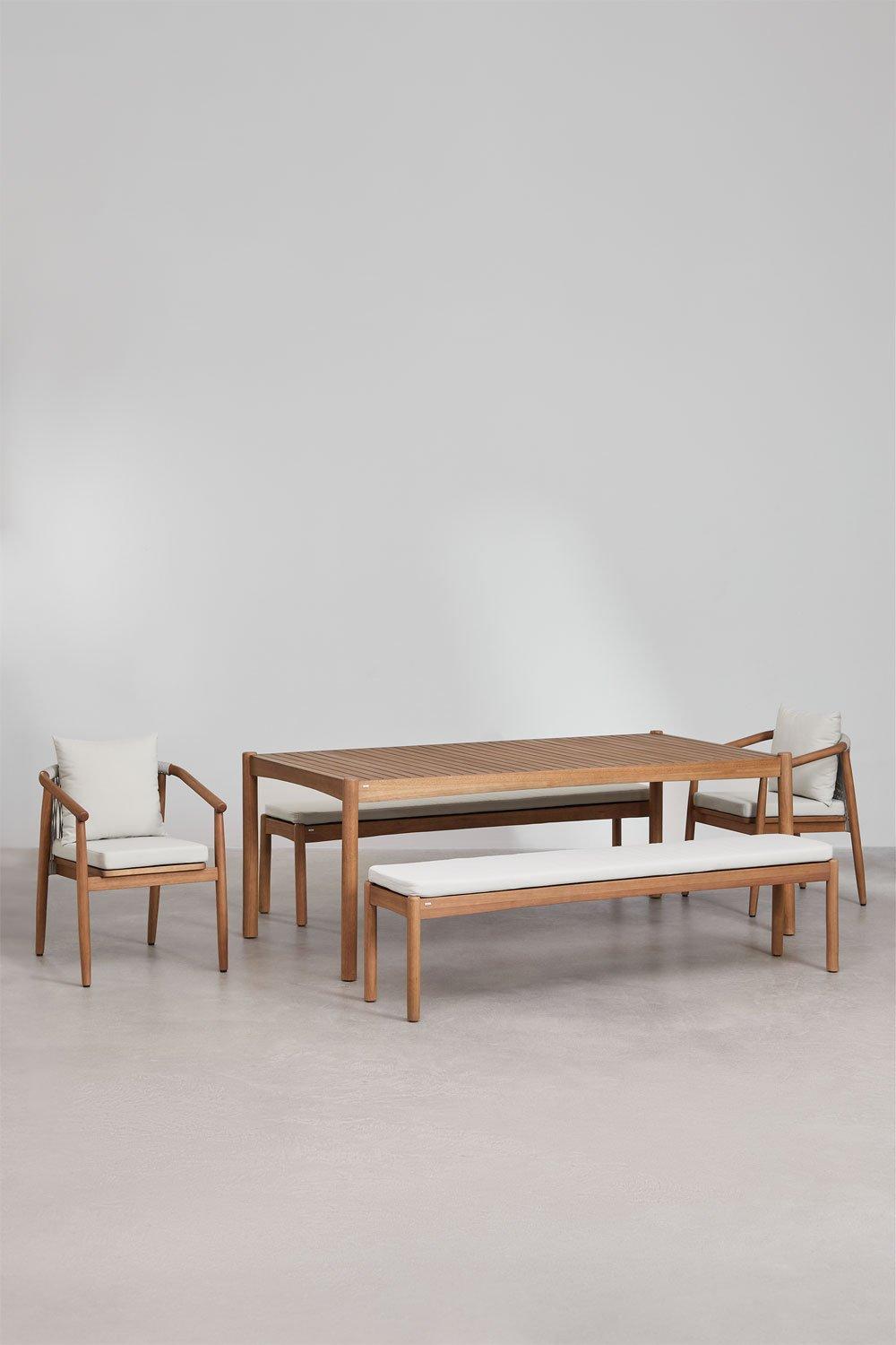 sklum Set de Mesa Rectangular (200x100 cm) 2 Bancos y 2 Sillas de Comedor con Reposabrazos en Madera de Eucalipto Aderyn
