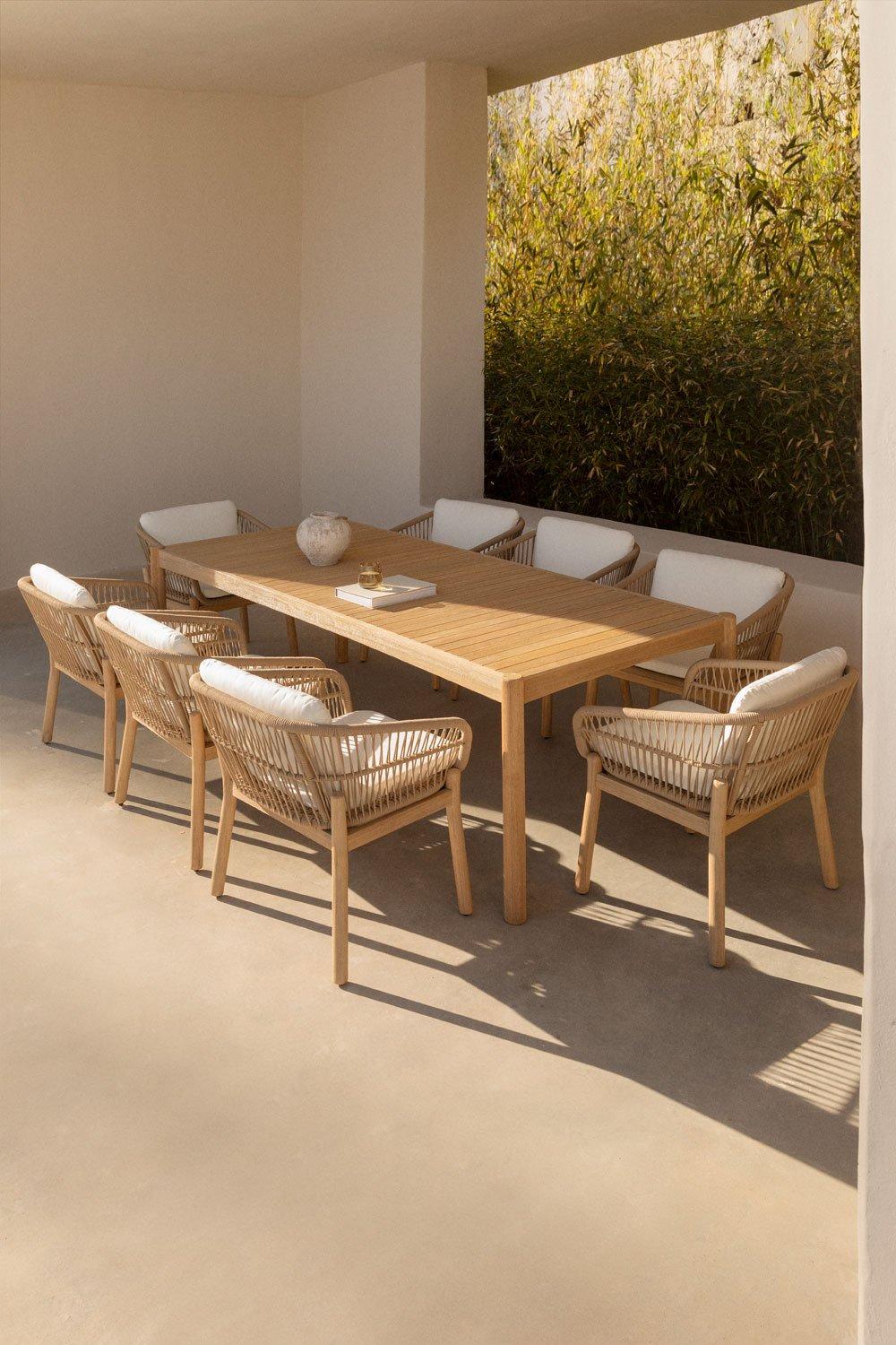 sklum Set de mesa rectangular 220x100 cm y 8 sillas de jardín en madera de acacia y cuerda trenzada Karvia