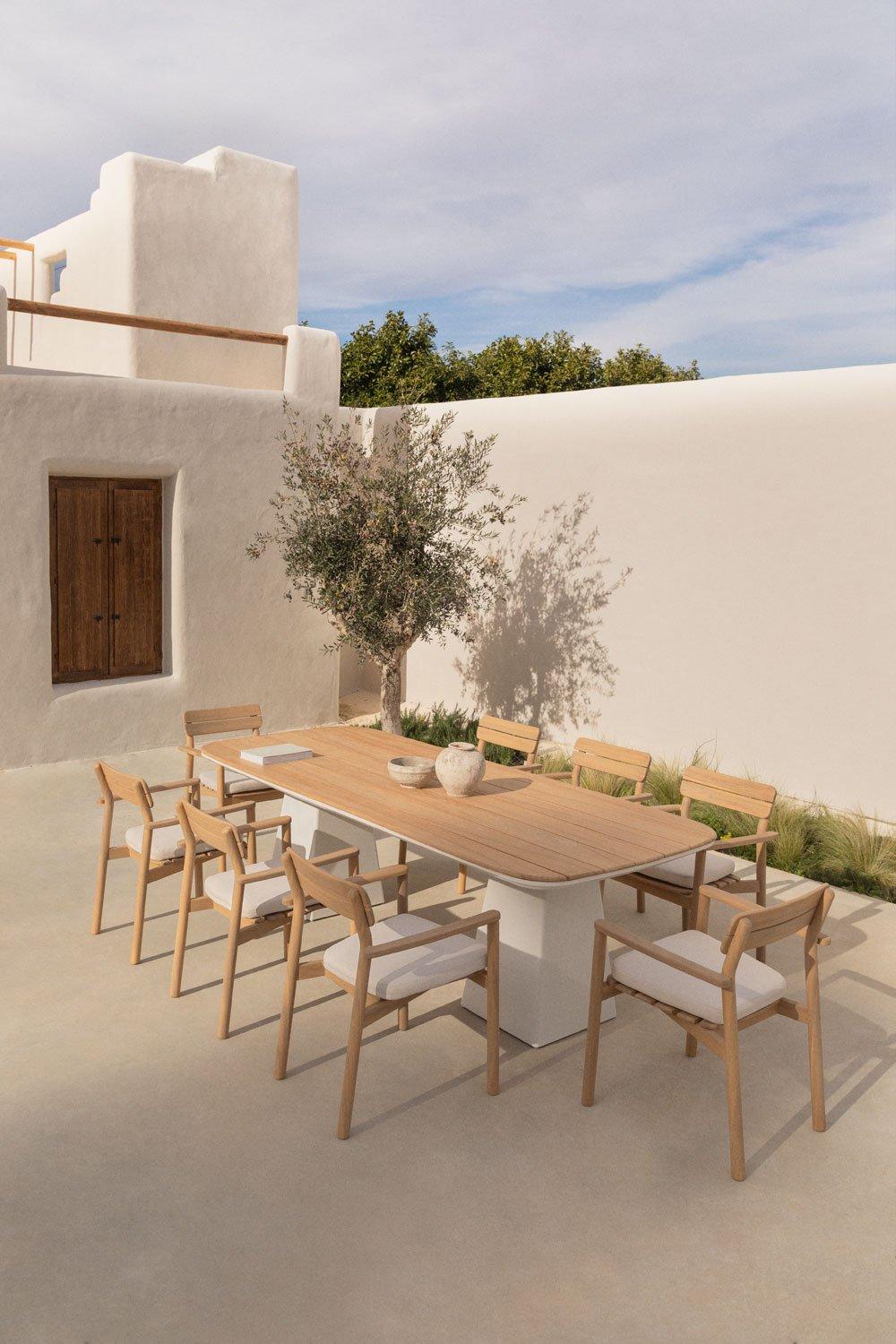 sklum Set de mesa rectangular 260x110 cm en aluminio y madera de teca Inkeri y 8 sillas de jardín con reposabrazos en madera Saira