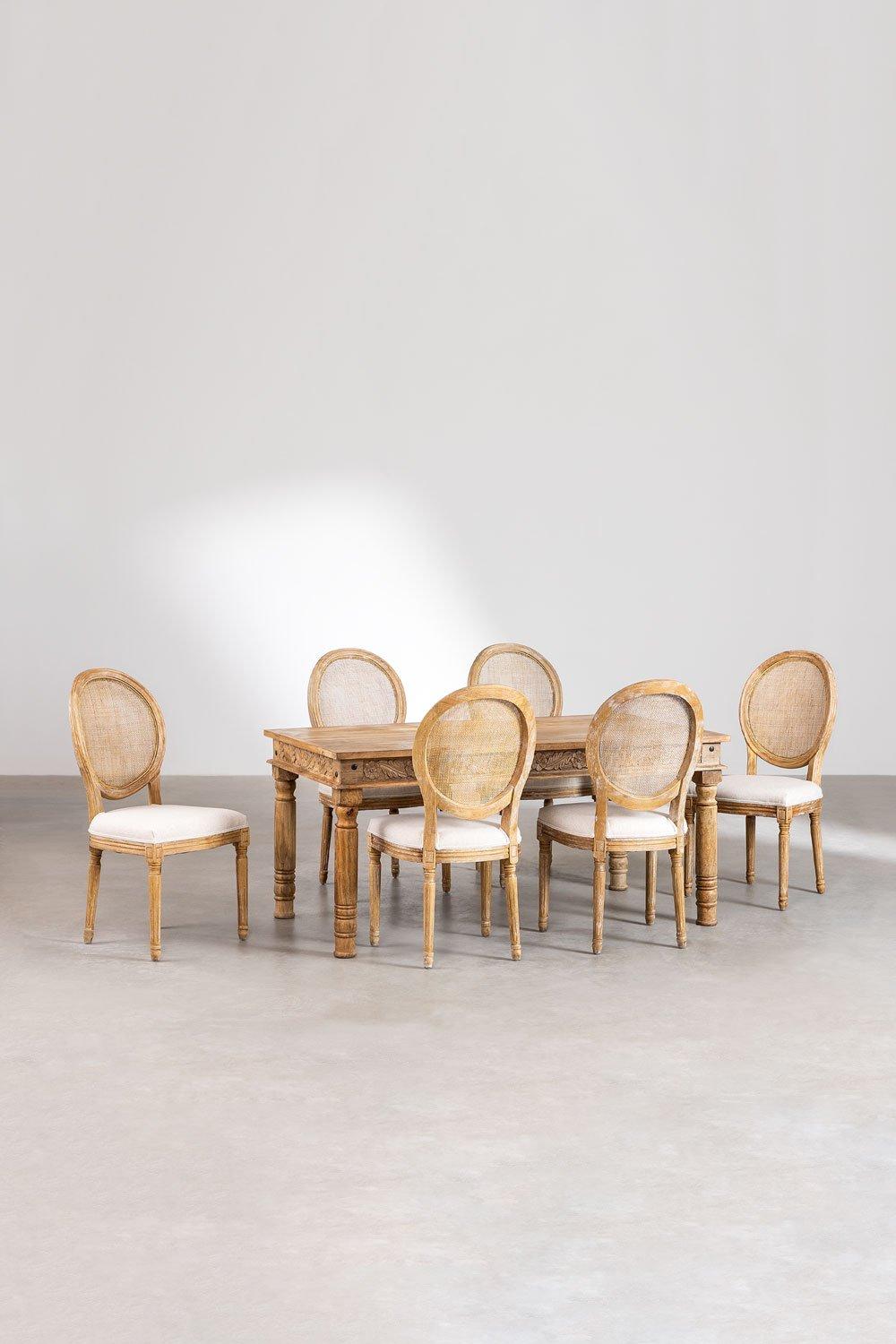 Sklum Set De Mesa Rectangular En Madera De Mango (160x90 Cm) Taraz Y 6 Sillas De Comedor En Tela Sunna