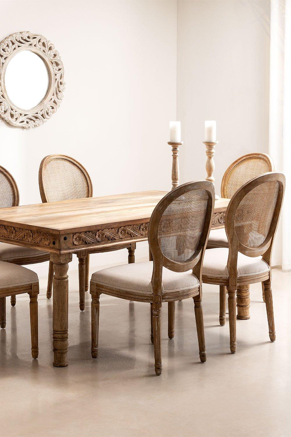 sklum Set de Mesa Rectangular en Madera de Mango (160x90 cm) Taraz y 6 Sillas de Comedor en Tela Sunna