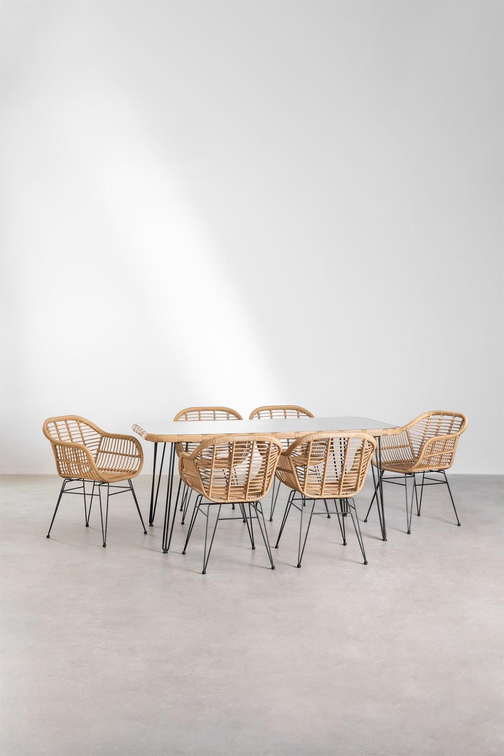 Sklum Set De Mesa Rectangular En Mimbre Sintético (180x90 Cm) Leribert Y 6 Sillas De Comedor En Mimbre Sintético Zole