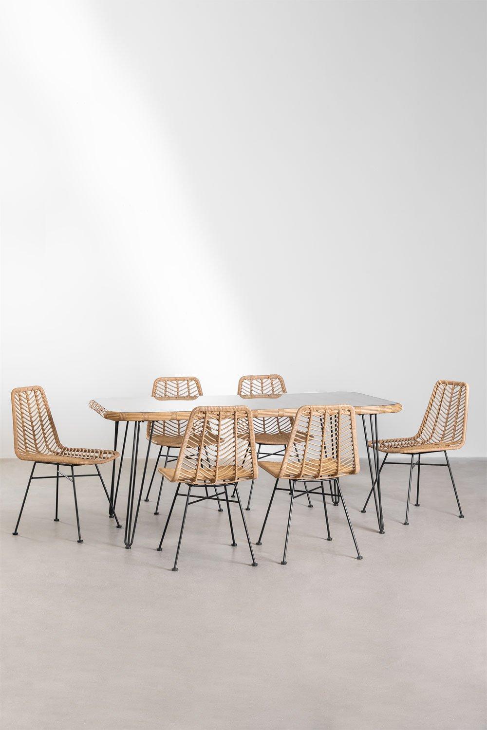 Sklum Set De Mesa Rectangular En Mimbre Sintético (180x90 Cm) Leribert Y 6 Sillas De Comedor En Ratán Sintético Gouda Natural