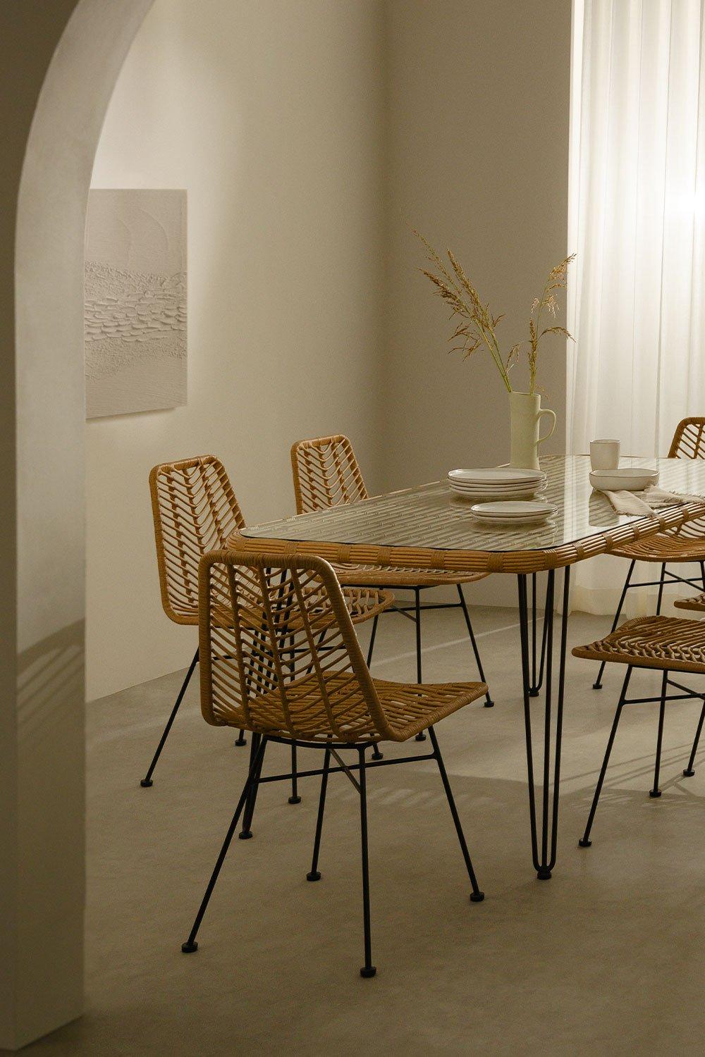 sklum Set de Mesa Rectangular en Mimbre Sintético (180x90 cm) Leribert y 6 Sillas de Comedor en Ratán Sintético Gouda Natural