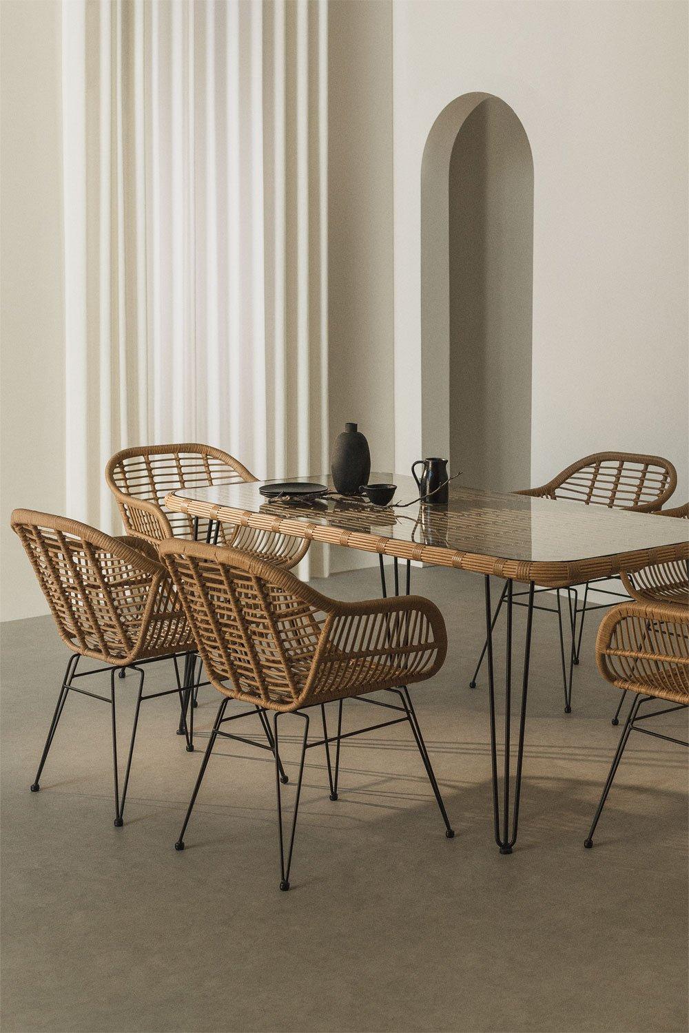 sklum Set de mesa rectangular en mimbre sintético (180x90 cm) Leribert y 6 sillas de comedor en mimbre sintético Zole