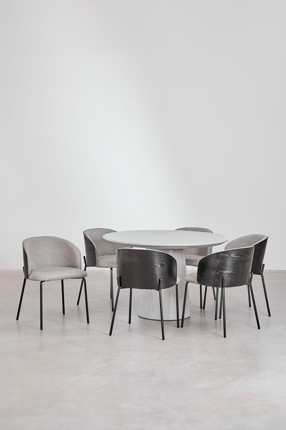 Sklum Set De Mesa Redonda En Cemento (Ø120 Cm) Noemi Y 6 Sillas De Comedor En Madera Tapizadas Amieva