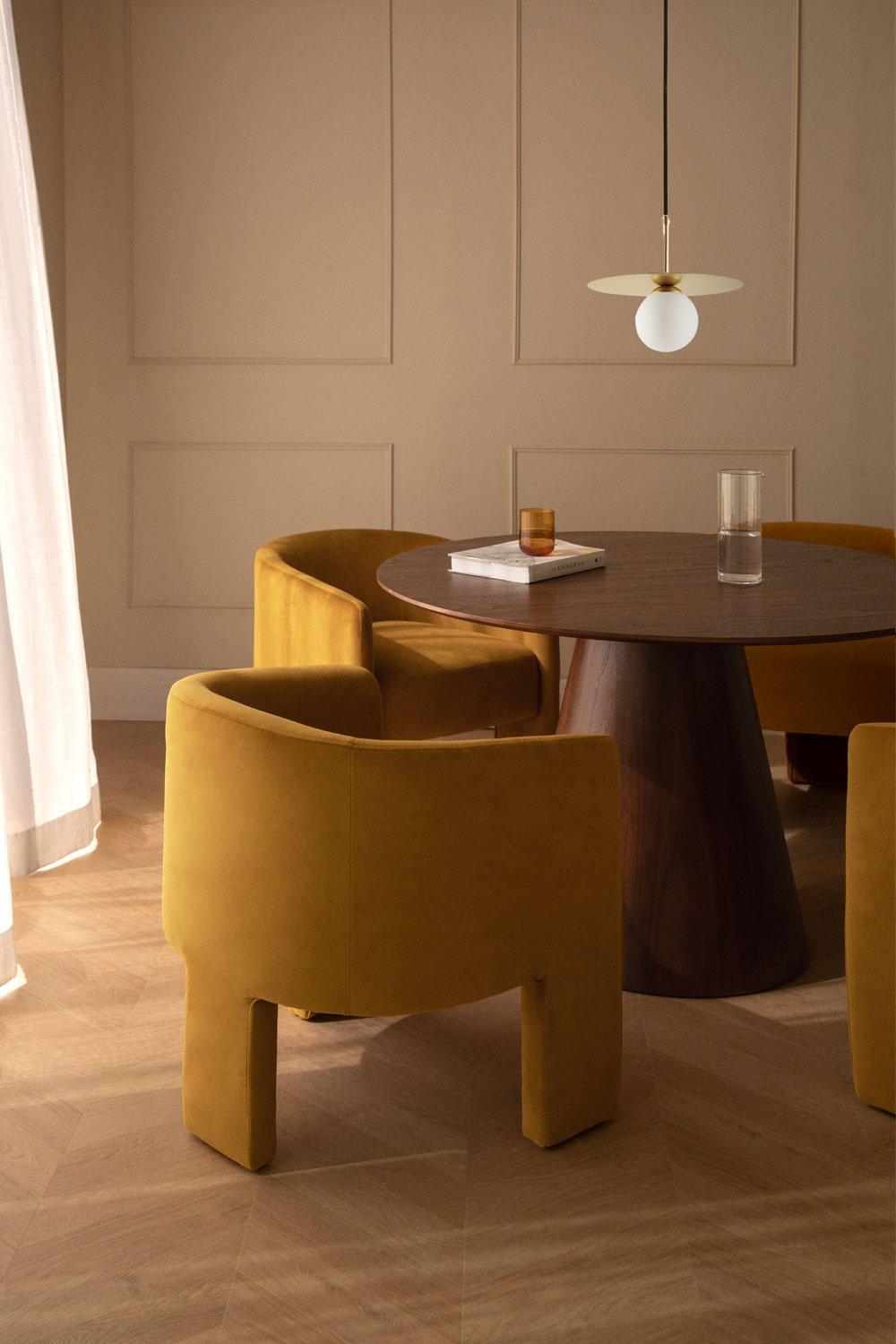 sklum Set de mesa redonda en chapa de nogal (Ø120 cm) Aura y 4 sillas de comedor terciopelo Xastru