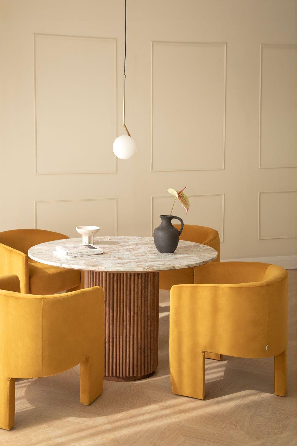 sklum Set de mesa redonda en mármol y madera de mango (Ø120 cm) Giselda y 4 sillas de comedor en terciopelo Xastru