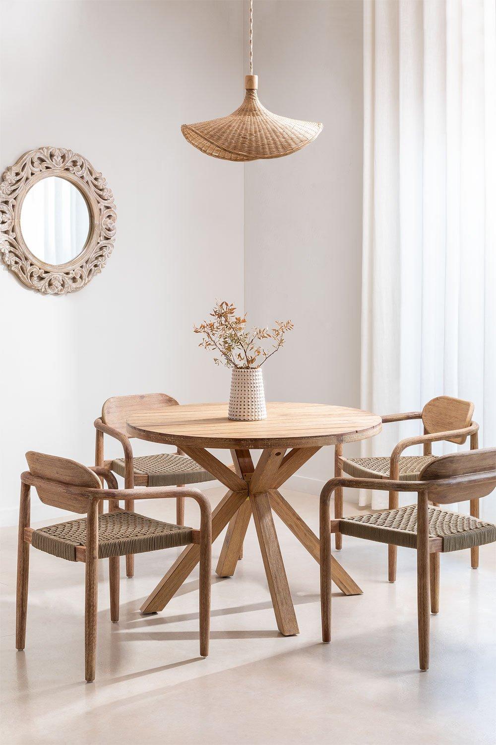 sklum Set de Mesa Redonda (Ø100 cm) y 4 Sillas de Comedor con Reposabrazos en Madera Naele