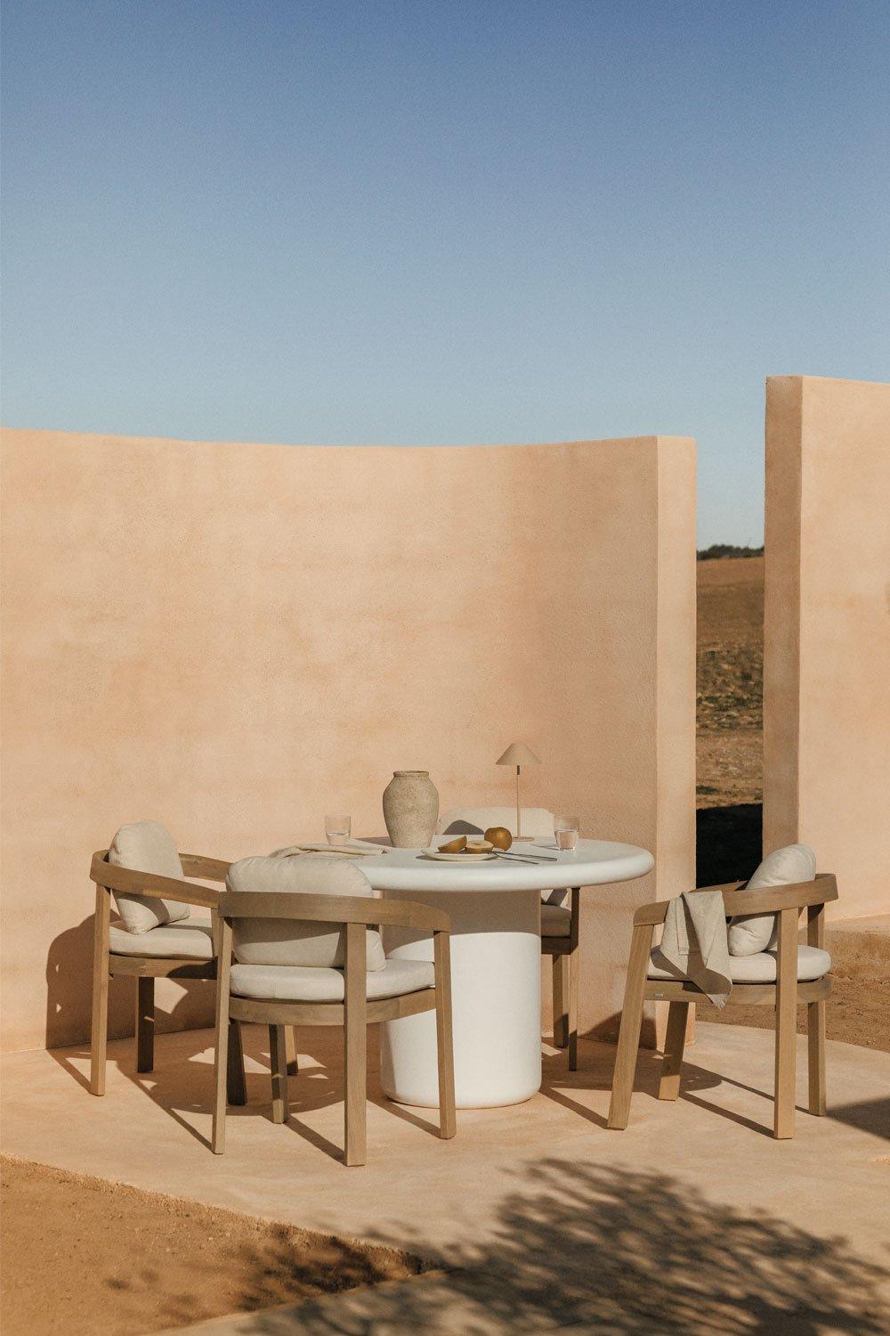 sklum Set de mesa redonda Ø120 cm en cemento Namara y 4 sillas de jardín con reposabrazos en madera de acacia Uleno