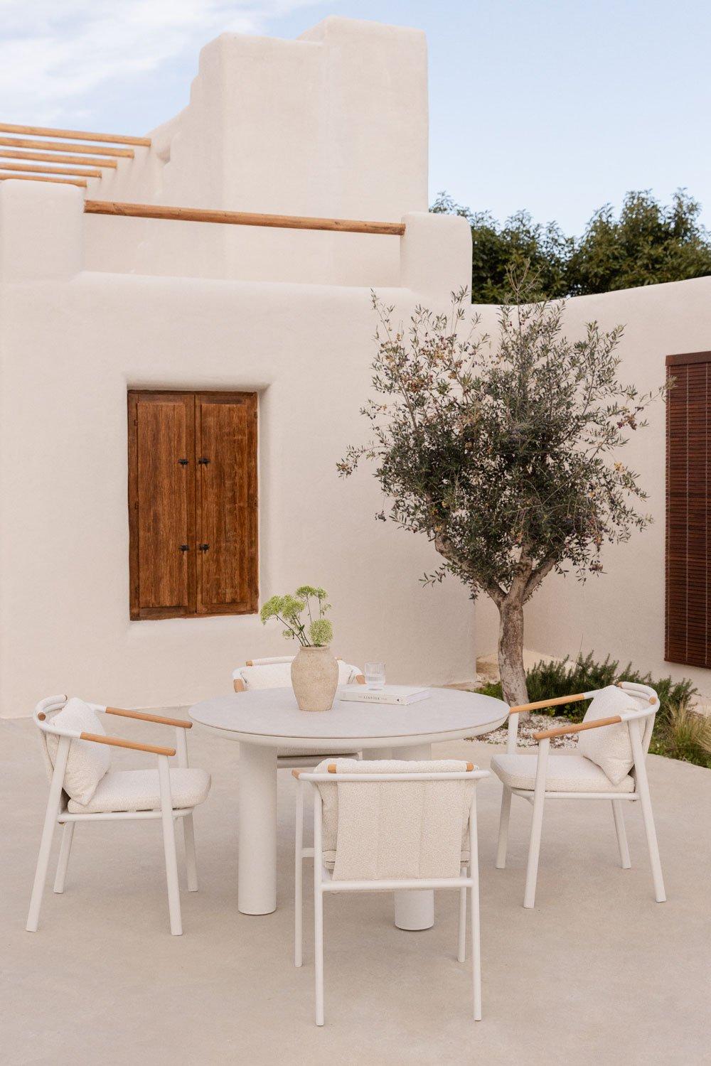 sklum Set de mesa redonda Ø120 cm en cerámica y aluminio Arken y 4 sillas de jardín con reposabrazos en aluminio y tela bouclé Yervin