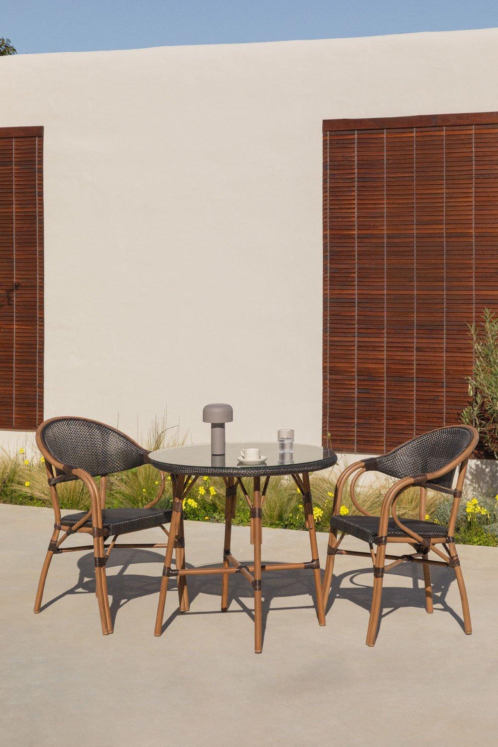 sklum Set de mesa redonda Ø80 cm Brielle Bistro y 2 sillas de jardín con reposabrazos en textilene y aluminio Brielle Bistro Classic