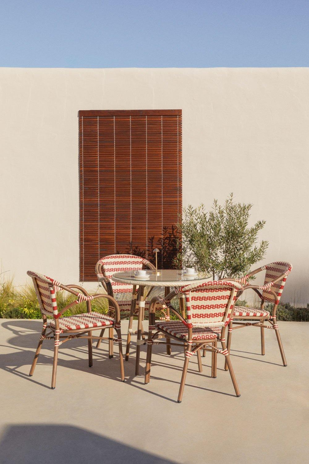 sklum Set de mesa redonda Ø80 cm Brielle Bistro y 4 sillas de jardín con reposabrazos en ratán sintético y aluminio Solange Bistro