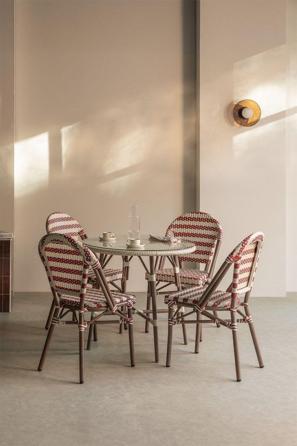 sklum Set de mesa redonda Ø80 cm Brielle Bistro y 4 sillas apilables en ratán sintético y aluminio Solange Bistro