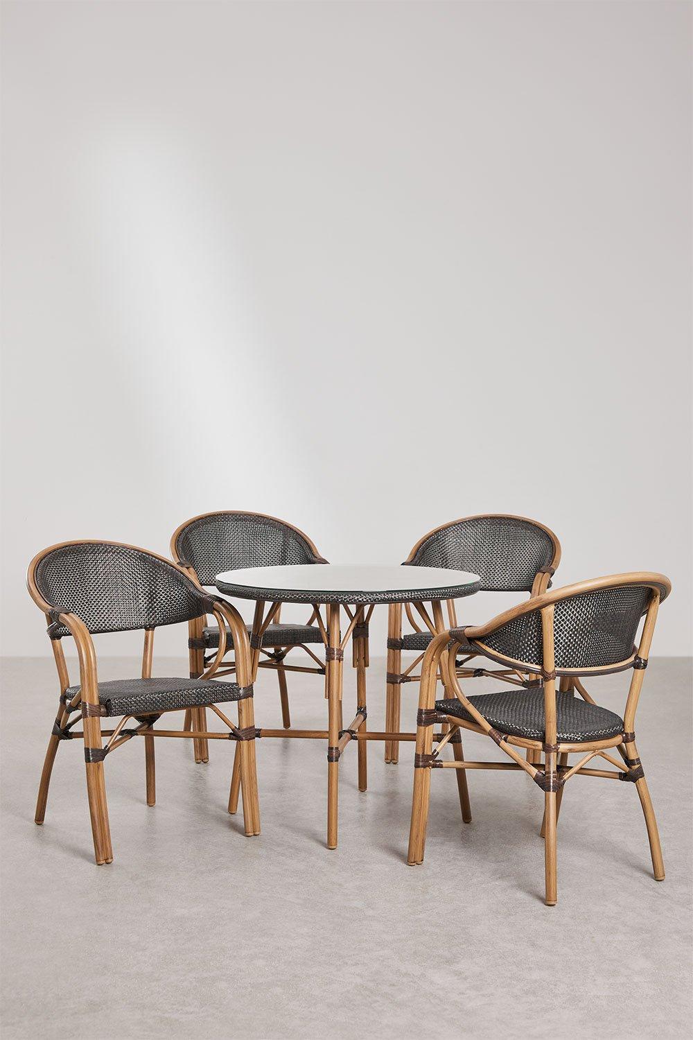 sklum Set de mesa redonda Ø80 cm Brielle Bistro y 4 sillas de jardín con reposabrazos en textilene y aluminio Brielle Bistro Classic