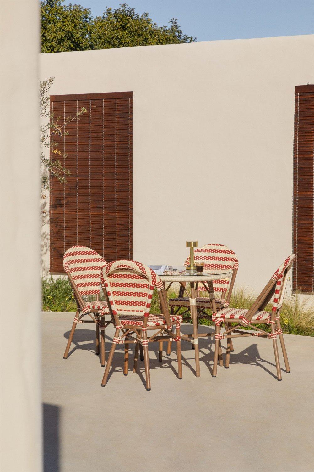 sklum Set de mesa redonda Ø80 cm Brielle Bistro y 4 sillas de jardín apilables en ratán sintético y aluminio Solange Bistro