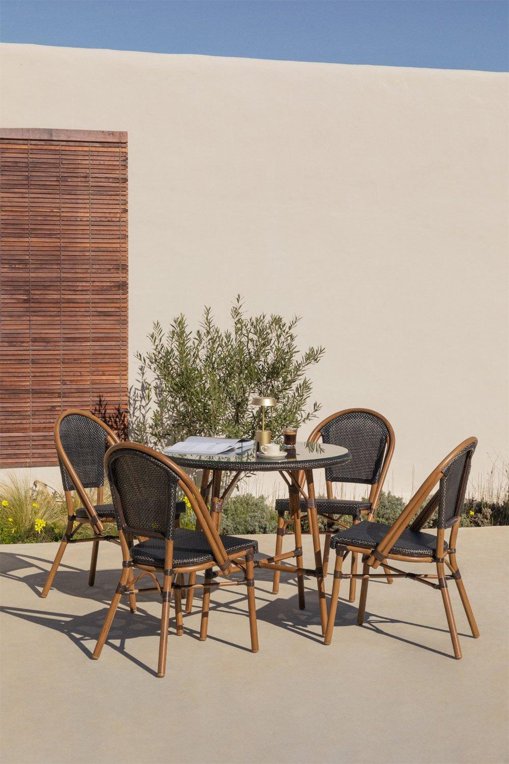 sklum Set de mesa redonda Ø80 cm Brielle Bistro y 4 sillas de jardín apilables en textilene y aluminio Brielle Bistro Classic